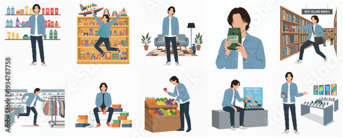 Flat Style Diverse Shopping Activity Poses with a Casual Man Character Illustration