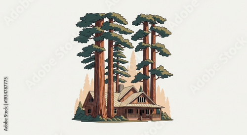 Rustic charming wooden house nestled in mountain forest surrounded by tall pine trees vector illustration