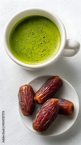 Healthy Green Matcha Latte in White Cup with Organic Dates