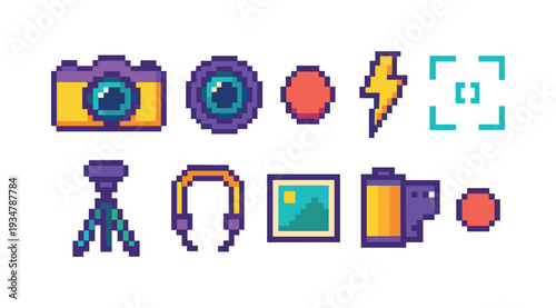 Photography equipment icon set. pixel, camera, gear icons in pixel art style collection