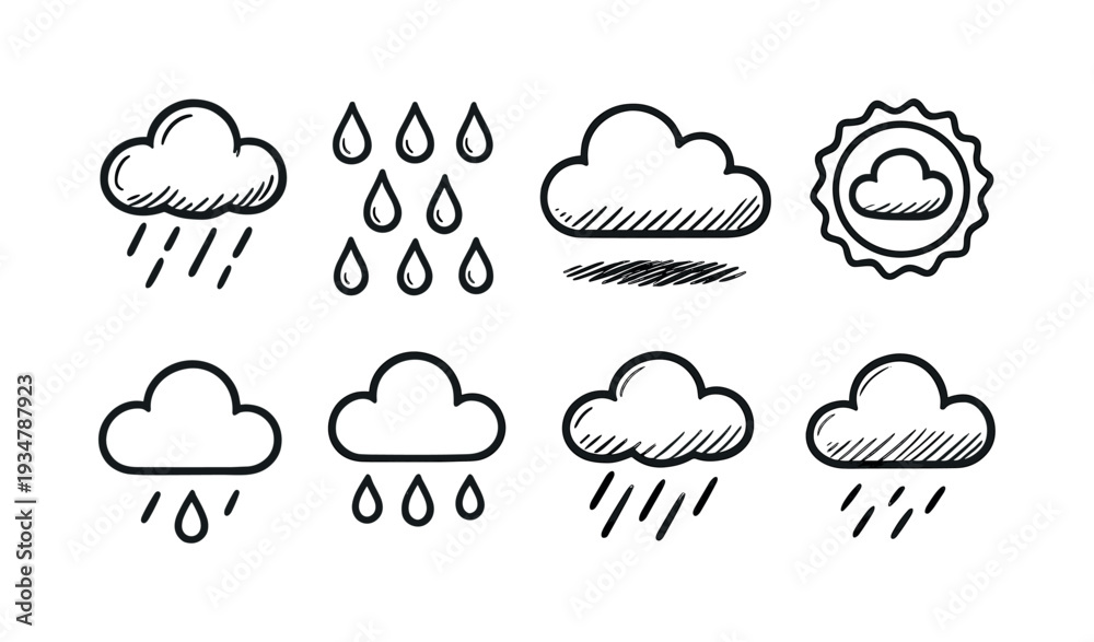 Obraz premium Weather, climate outline icon set. rain, sun, cloud symbols linear collection
