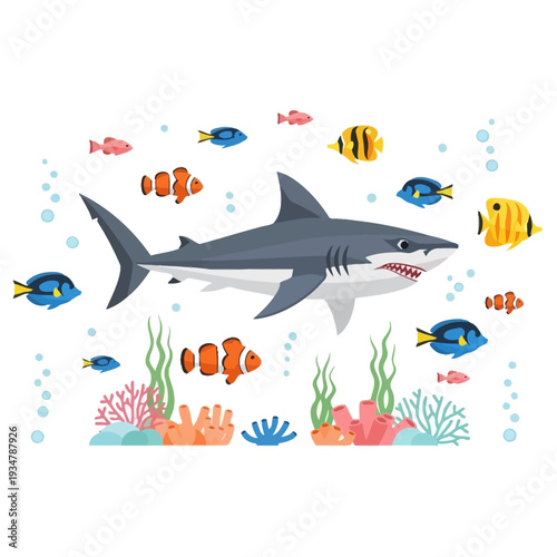 Sharks and colorful fish swimming in coral reef underwater ocean scene
