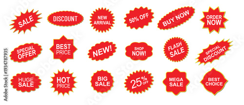 Red Sale Discount Badges Collection – Hot Offer, Best Price, Mega Sale, Flash Deal, New Arrival Promotional Stickers Set