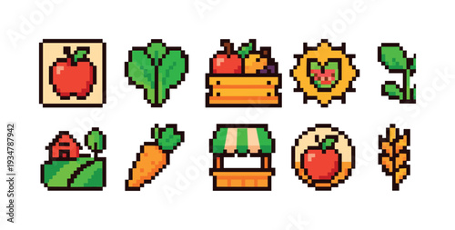 Farmers market, organic food pixel icon set. vegetables, fruits pixel art graphic collection