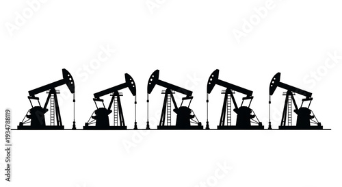 A black silhouette illustration of oil pumps on a white background