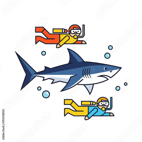 Scuba Divers Encounter Shark Underwater, Ocean Adventure, Marine Life