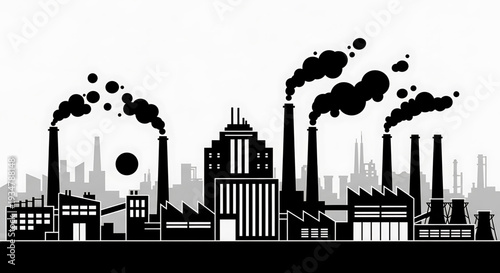 A black and white vector graphic illustration of an industrial cityscape with smokestacks and pollution