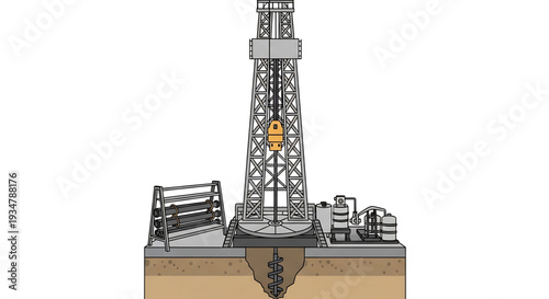 A detailed vector illustration of an oil drilling rig in operation, with a derrick and drilling equipment on a partially excavated site.