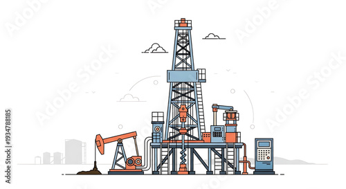 A vector graphic illustration of an oil rig and pumpjack in a modern industrial setting