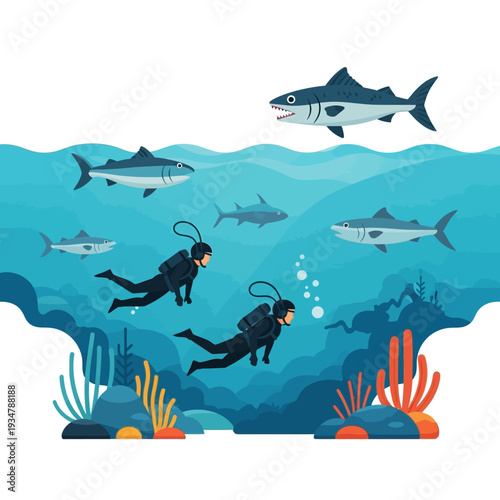 Scuba divers explore coral reef with sharks swimming around them underwater