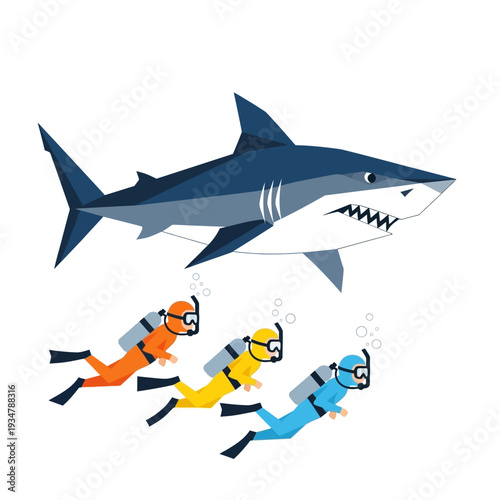 Scuba Divers Follow Shark Underwater - Adventure and Danger