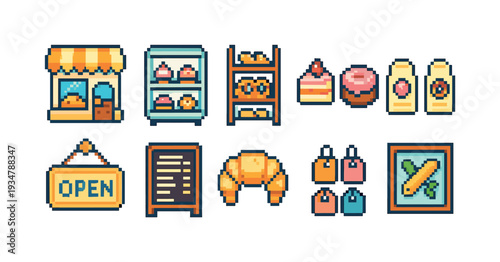 Bakery and market flat icon set. pastries, shopping, food icons collection