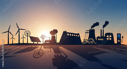 A vector graphic illustration of a contrasting cityscape with renewable energy sources and industrial pollution at sunset