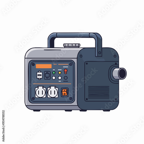 Portable inverter generator vector illustration; small power supply unit in modern flat line art style; gray and dark blue electric generator