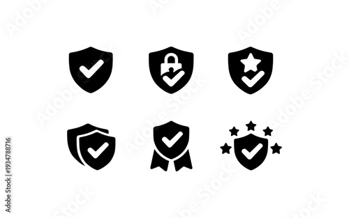 Collection of security and quality assurance icons with checkmarks and shields