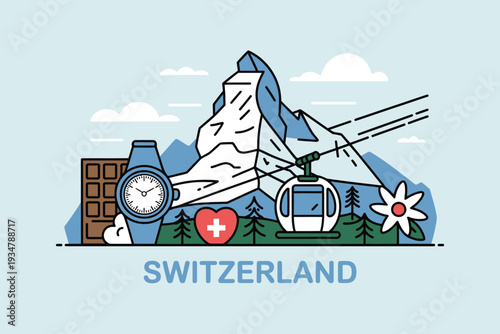 Switzerland travel vector illustration with mountains, cable car, chocolate, watch, and flower