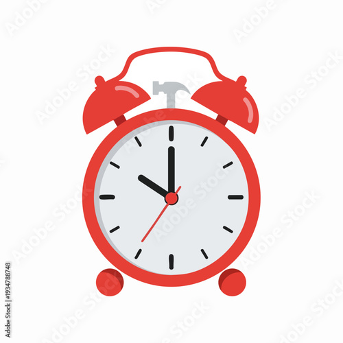 Red cartoon alarm clock showing ten o'clock with hammer standing in for the bell; a whimsical vector time reminder for design projects