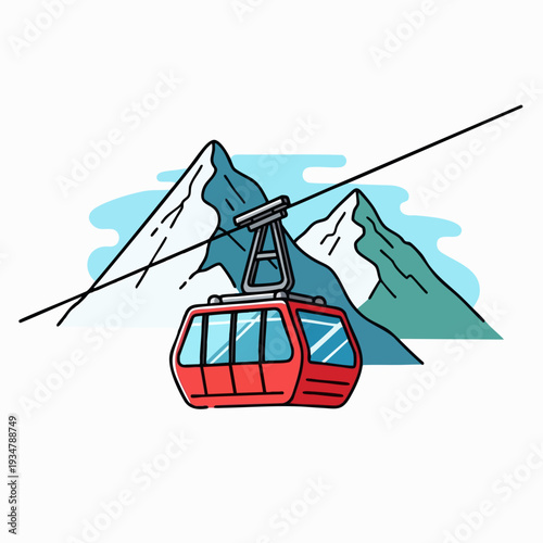 Red cable car ascending through snowy mountain peaks; a ski lift gondola cartoon style illustration for adventure travel and winter sports design