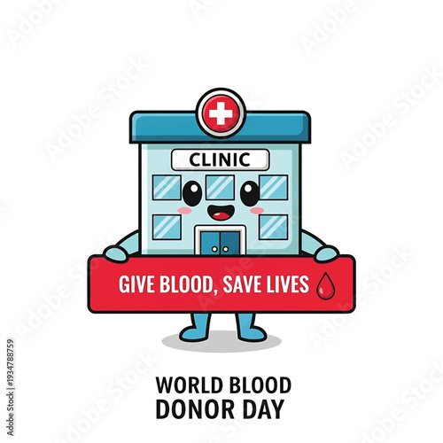 Clinic Building Character with Heartbeat Banner for World Blood Donor Day