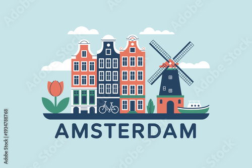 Illustration of Amsterdam cityscape with canal houses, windmill, tulip, and boat on a light blue background