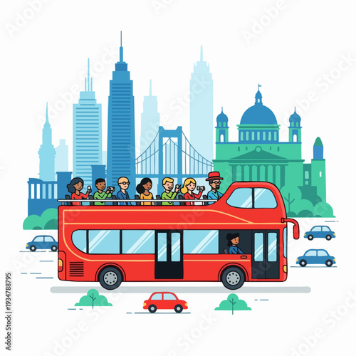 Red double decker tour bus driving through city skyline with passengers taking photos in cartoon style illustration for tourism promotion