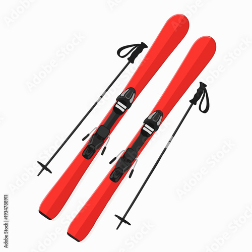Red ski equipment arranged on white backdrop for winter sports design use and commercial use in advertisement and marketing campaign
