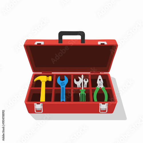Red toolbox filled with various hand tools including hammer wrenches screwdrivers and pliers presented in a cartoon illustration style
