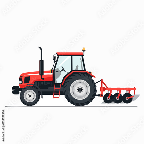 Red tractor with disc harrow attachment illustration in vector style for agriculture farming and rural transportation themes