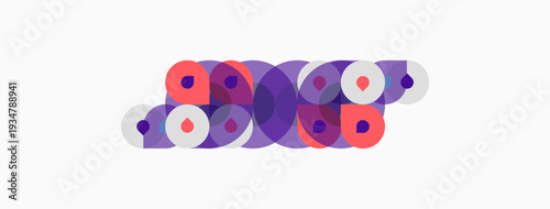 Abstract circles overlap, creating vibrant purple, pink, white patterns. Minimalist design suggests connection, unity, flow.