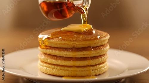 Stack of fluffy pancakes being drizzled with sweet maple syrup perfection