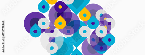 Abstract composition featuring overlapping circles. Purple, blue, yellow hues create dynamic visual texture. Modern design element.