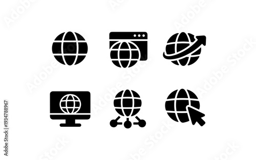 Collection of global network and internet connection icons in black and white
