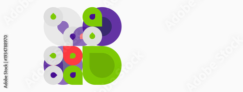 Abstract colorful circles, shapes overlap. Green, purple, white, red hues present. Modern design, simple composition.