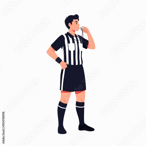 Referee in striped uniform blowing whistle cartoon illustration style full length view on white background for sport related design elements