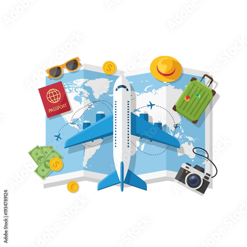 Travel and tourism concept: airplane, passport, suitcase, camera, money, sunglasses on world map