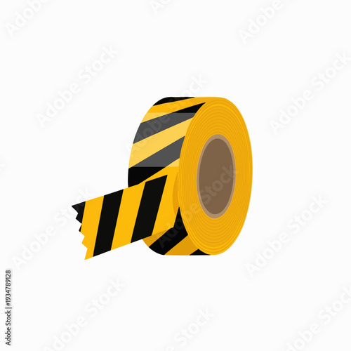 Roll of yellow and black striped hazard tape unraveling in a vector illustration style suitable for caution and safety warnings in design projects