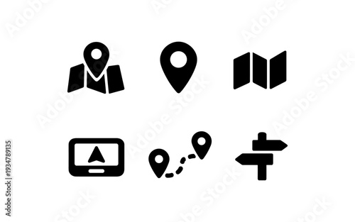Collection of navigation and location icons including maps, pins, and GPS device