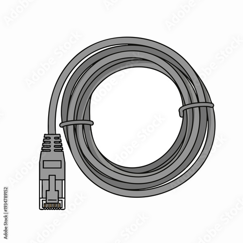 Rolled up gray Ethernet cable with connector RJ45 for LAN network connection vector style for technology and computing industry use