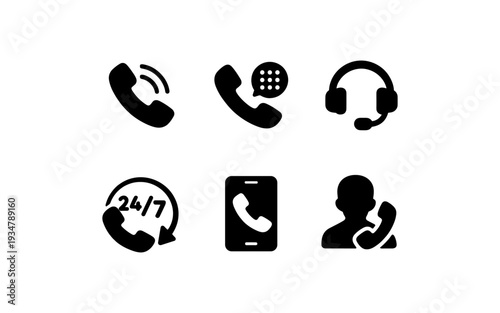 Collection of black phone and communication icons on a white background
