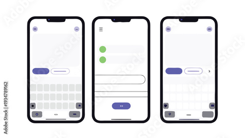 iMessages dual chat interface mockup with bubble conversations keyboard, modern unified messaging layout, messaging experience vector illustration, Modern Mobile Messaging UI with Smartphone Screens