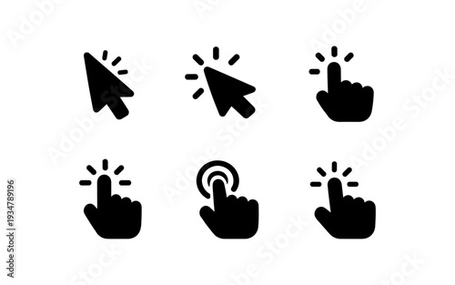 Collection of six black cursor and hand click icons on a white background