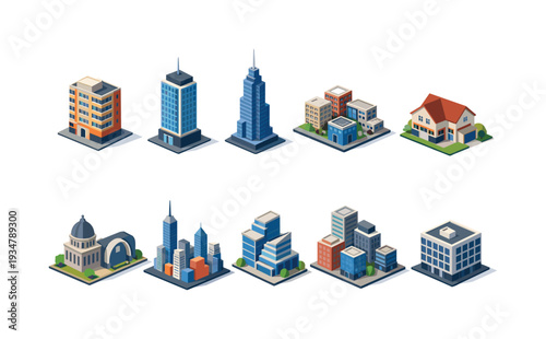 Architecture, building 3d icon set. urban, city, landmark, housing, skyscraper collection