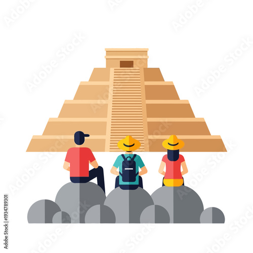 Tourists admire ancient Mayan pyramid, Chichen Itza, Mexico, travel concept