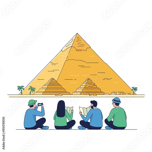 Tourists admire ancient Egyptian pyramids, taking photos and reading maps.