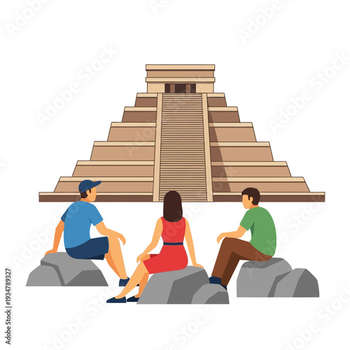 Tourists admire ancient Mayan pyramid, Chichen Itza, Mexico