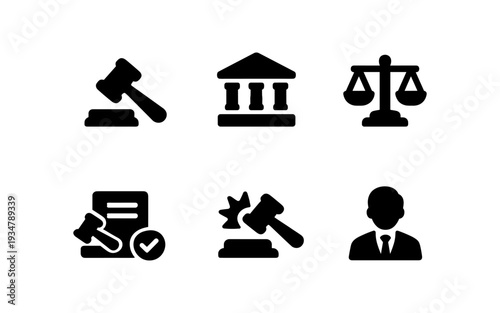 Collection of legal and justice icons including gavel, scales, courthouse, and judge