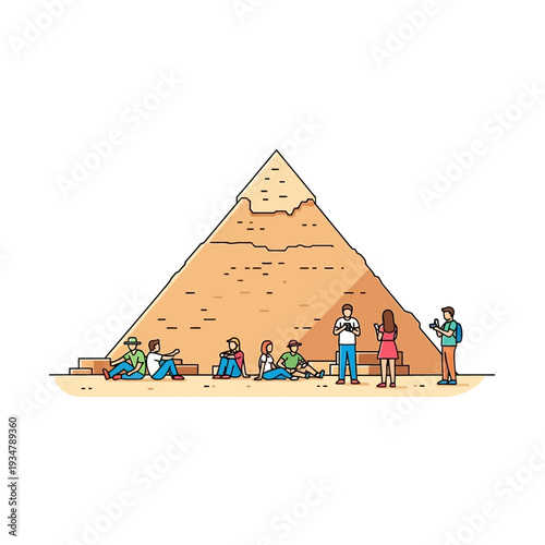 Tourists admire Great Pyramid of Giza, Egypt, on a sunny day, flat design vector illustration