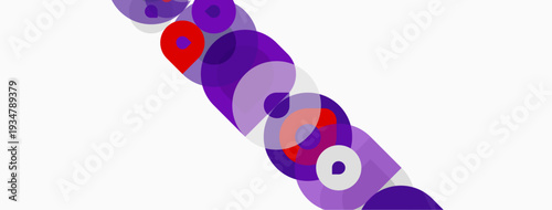 Abstract composition featuring overlapping purple, red, white circles. Diagonal arrangement creates dynamic visual flow. Minimalist design.