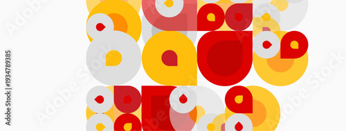 Abstract circles overlap, creating vibrant patterns. Red, yellow, white hues dominate composition. Simple geometric shapes present modern aesthetic.