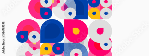 Colorful overlapping circles create playful abstract pattern. Bright hues dominate composition, offering modern aesthetic.